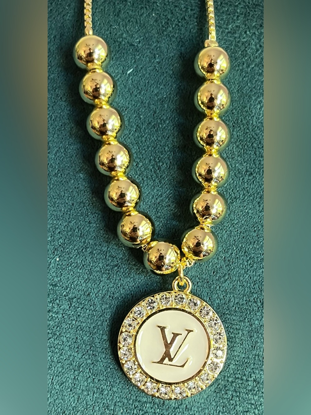 Gold-Tone Beaded Upcycled Charm L*V White Crystal-Trimmed Medallion 6-9” Bolo